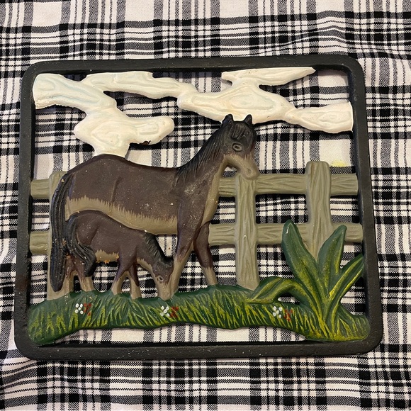 unbranded Other - Vintage Large Hand Panted Cast Iron Horse Foal Fenced Pasture Trivet Hot Plate